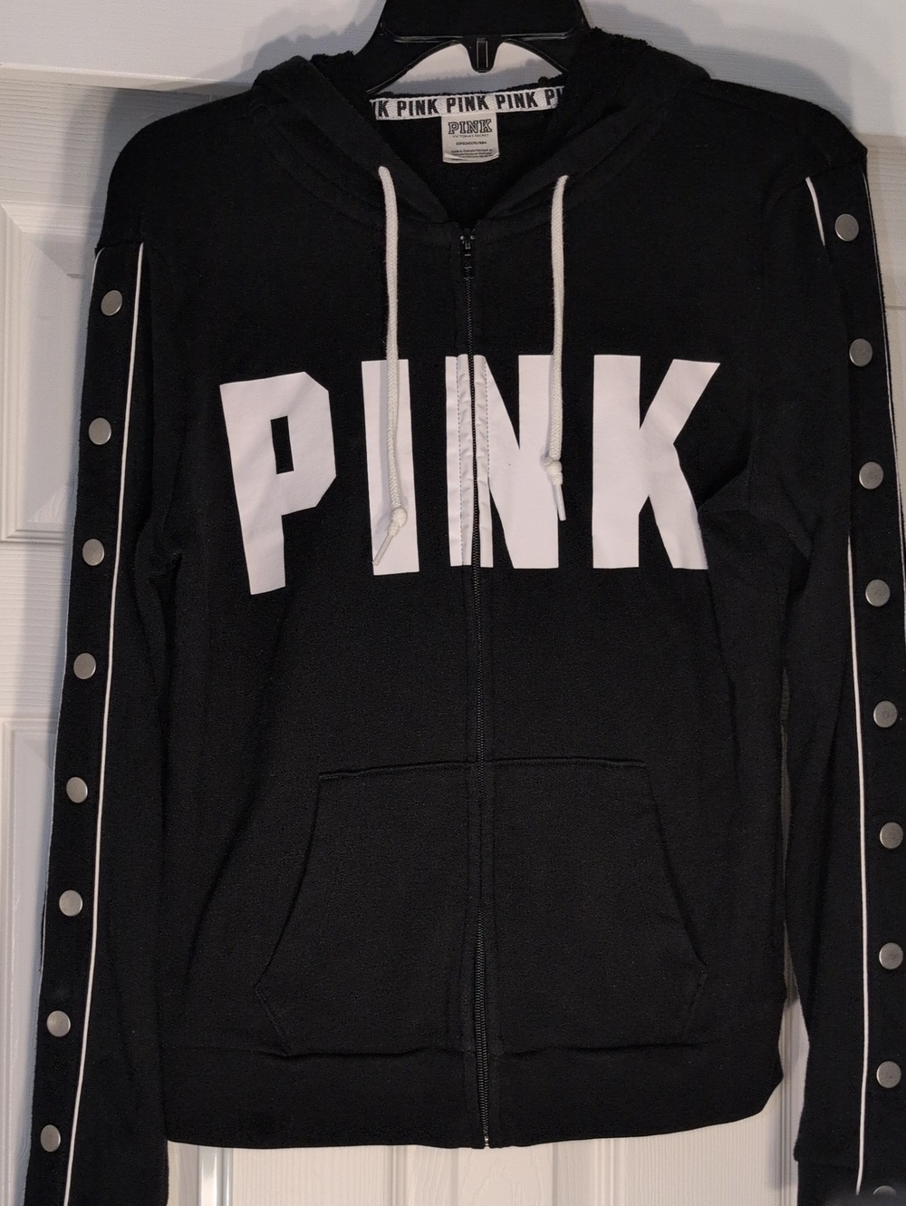 PINK Black Zip-Up Hoodie with White Logo